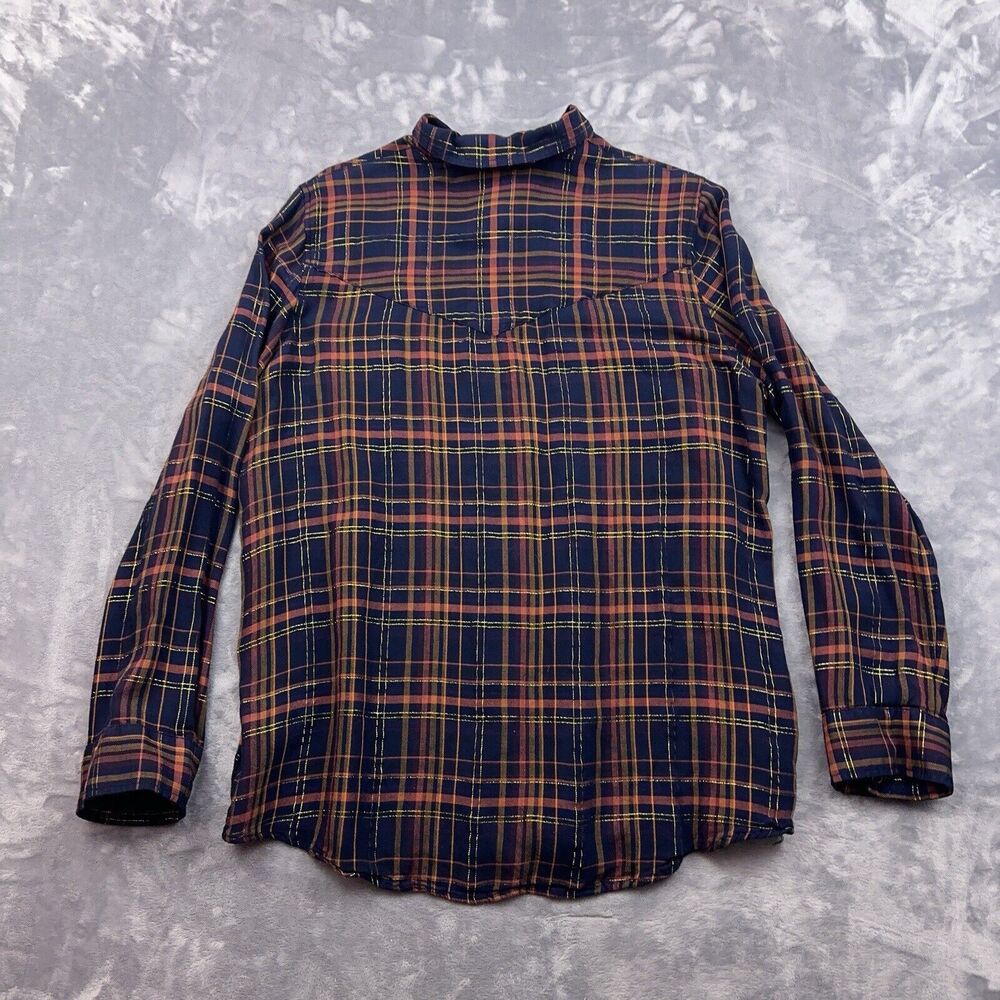 Express Shirt Women's Size L Blue Metallic Western Plaid Studded Boyfriend Snap - Picture 2 of 10